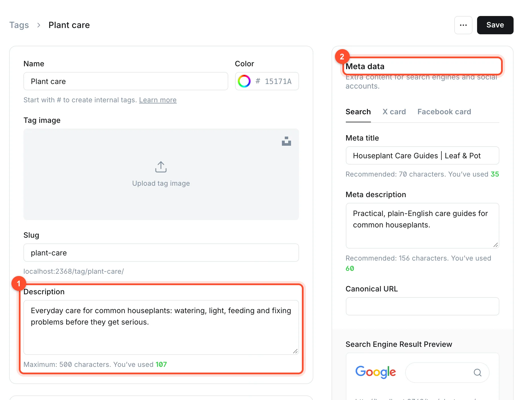 Editing a tag in Ghost with its name, slug, description and meta data for search engines