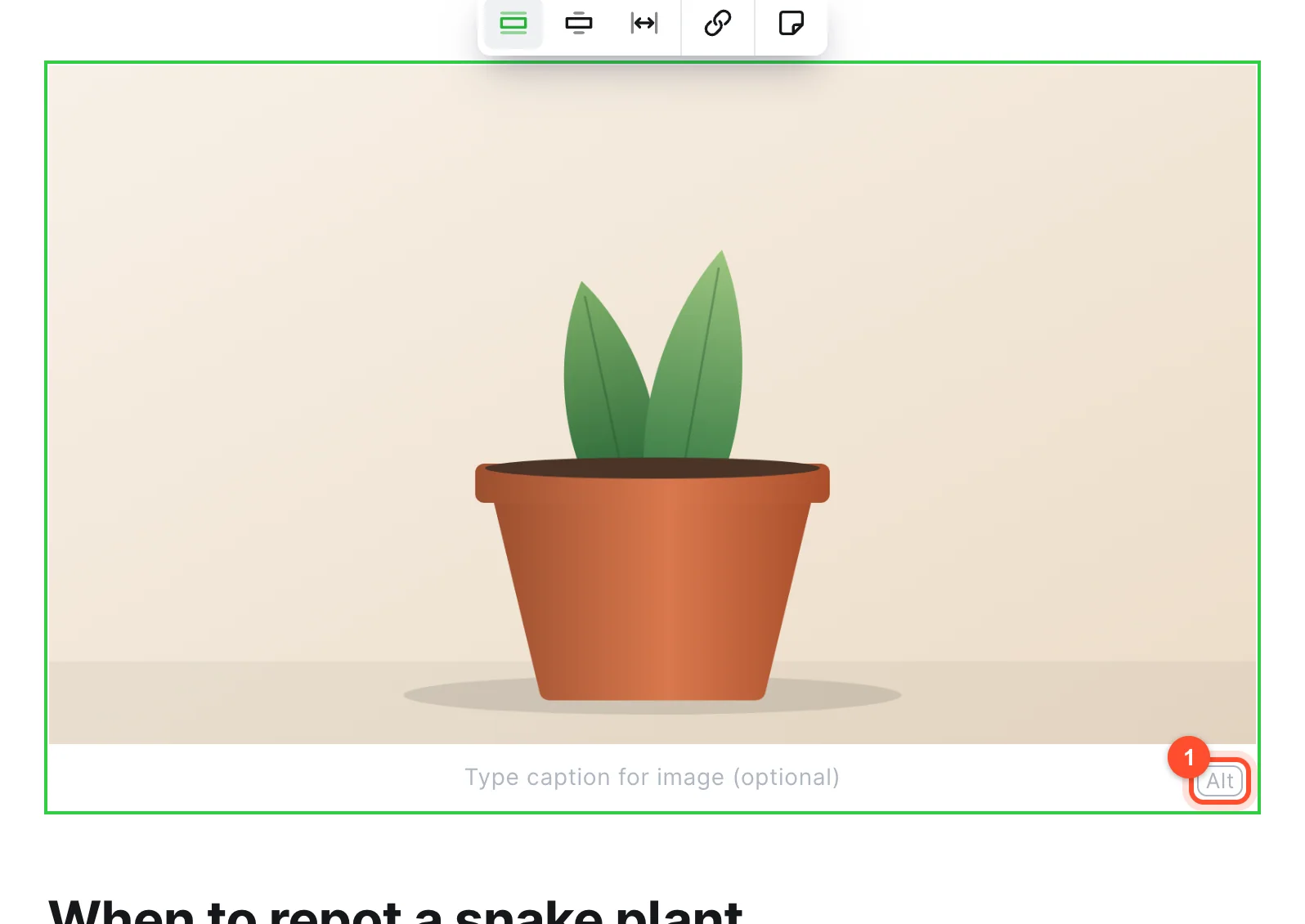 An image card in the Ghost editor with the Alt button under the picture for adding alt text