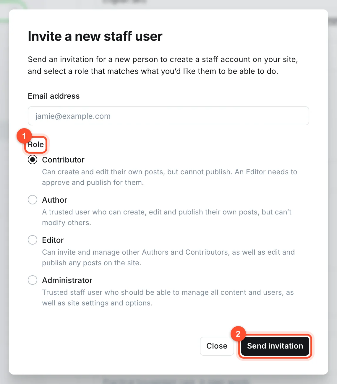 The Invite people dialog in Ghost staff settings for adding a new team member with a role