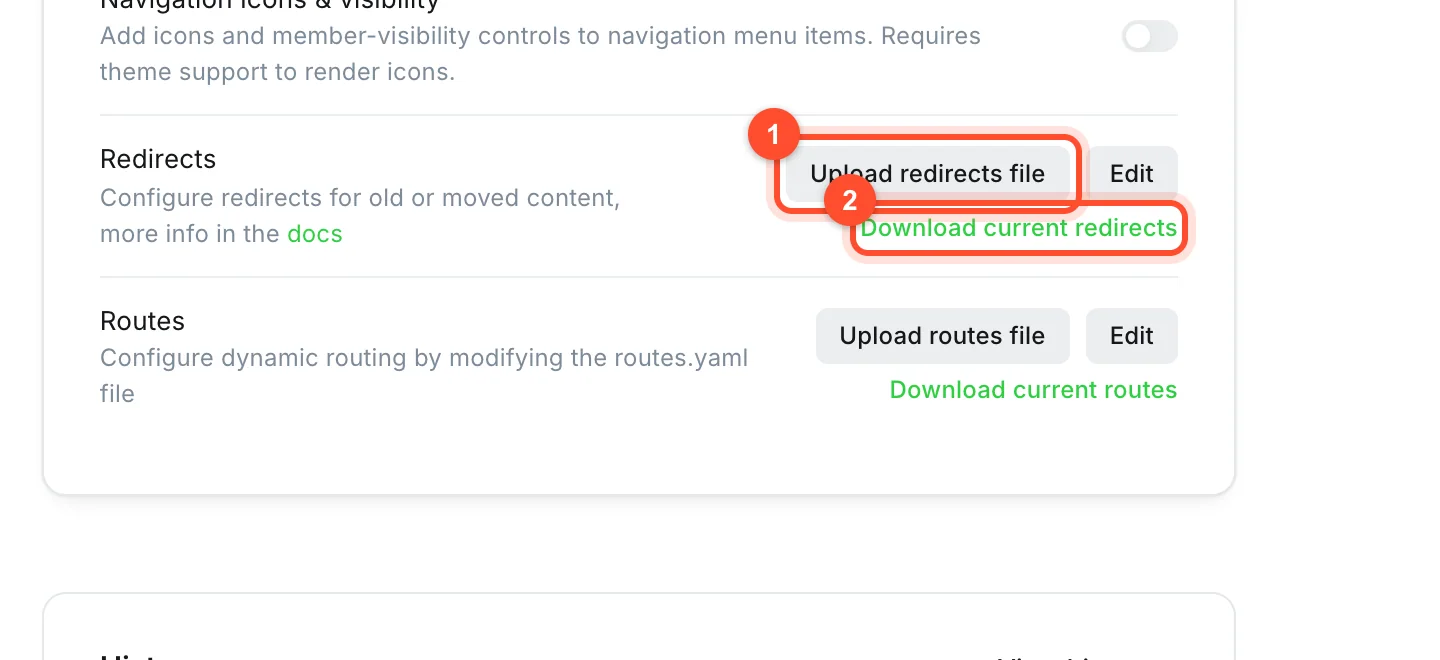 The Redirects setting in Ghost Labs with buttons to upload a redirects file or edit it