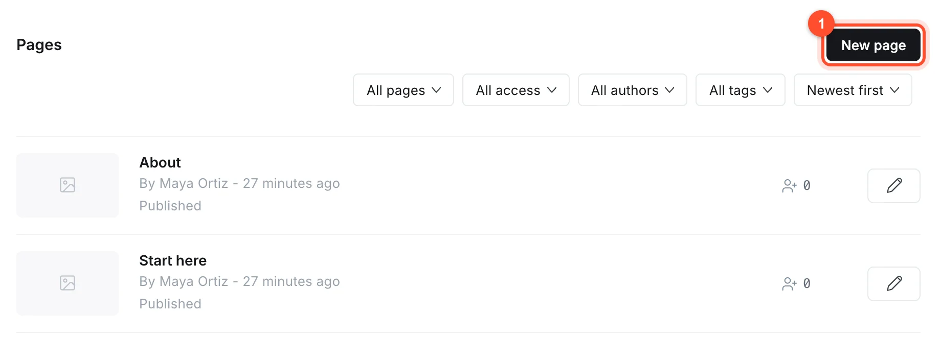 The Ghost Pages list with About and Start here pages and a New page button