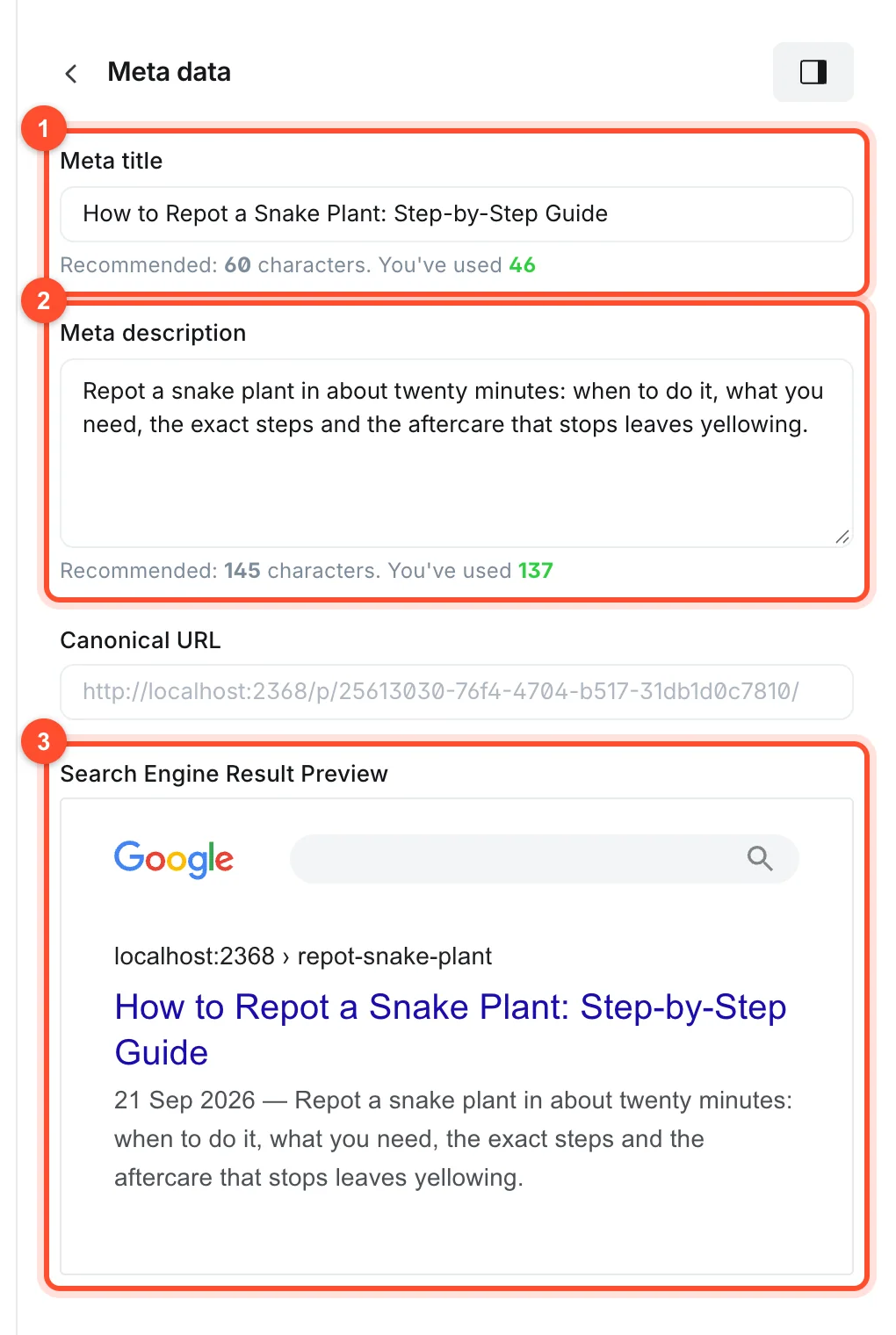 The Meta data section of Ghost post settings with meta title and meta description character counters and a Google search result preview