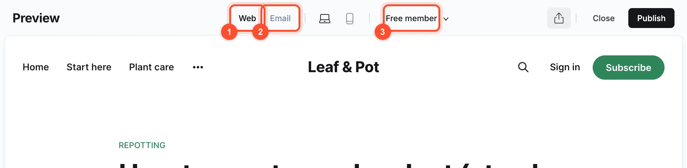 The Ghost post preview with Web and Email tabs, desktop and mobile toggles and a member type menu