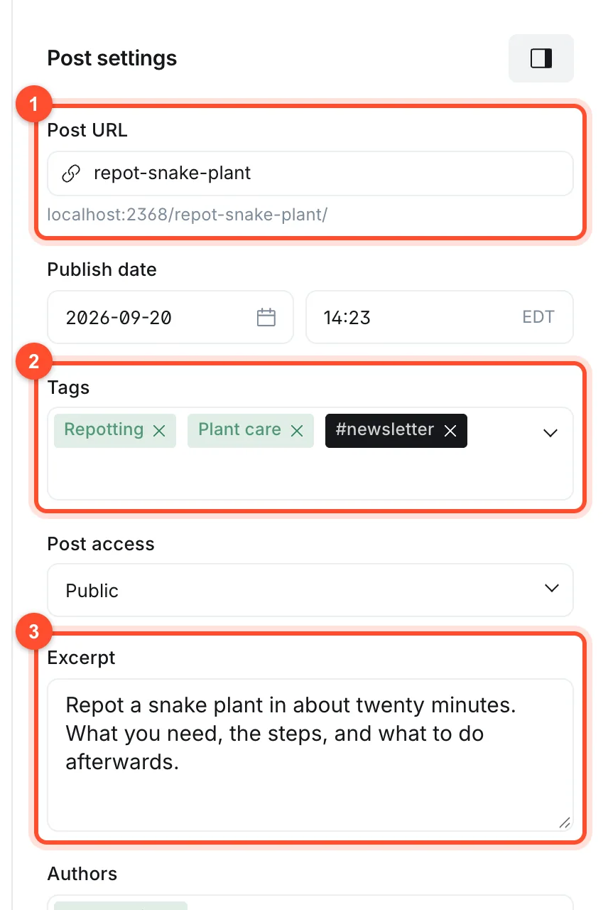 The Post settings panel in Ghost with the Post URL, Publish date, Tags, Post access, Excerpt and Authors fields