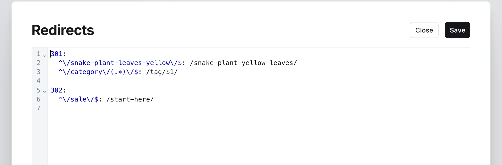 The Ghost redirects editor showing a redirects.yaml file with 301 and 302 rules