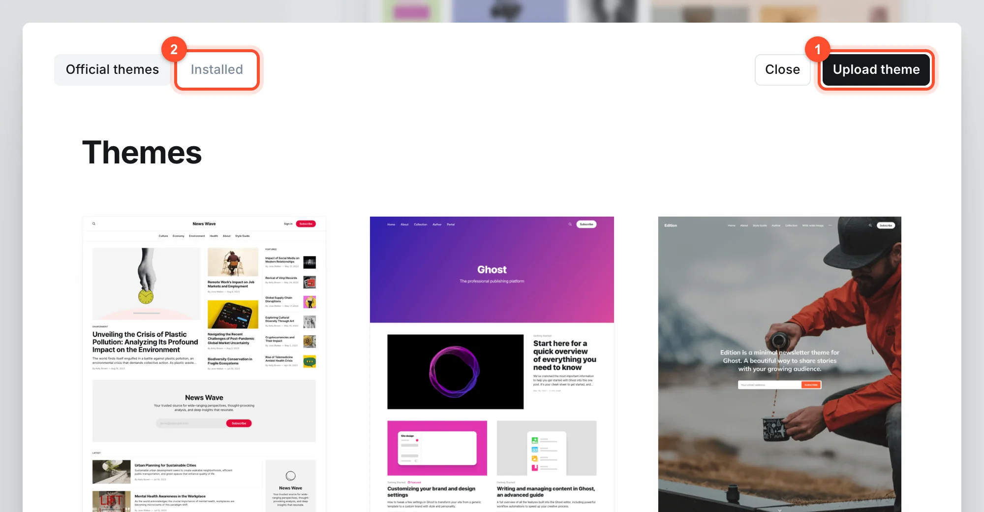 The Ghost theme browser with official themes such as Source, Casper and Edition and an Upload theme button