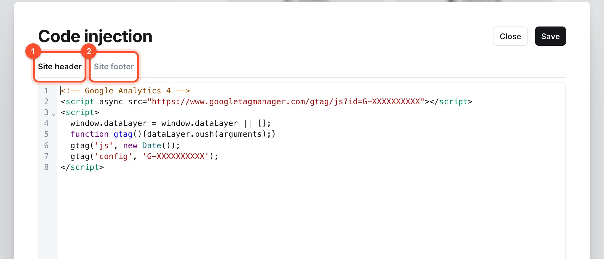 The Code injection dialog in Ghost with a Site header box containing a Google Analytics snippet and a Site footer box