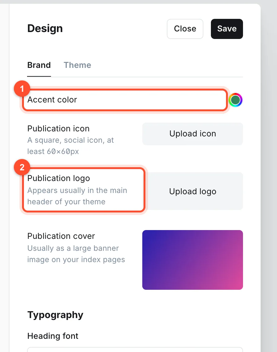 The Design settings in Ghost with accent color, publication icon, logo, cover image and font options