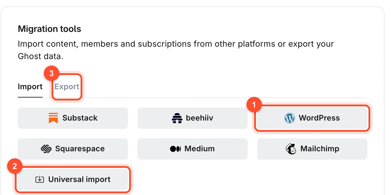 Ghost Migration tools with import options for Substack, beehiiv, WordPress, Squarespace, Medium, Mailchimp and Universal import