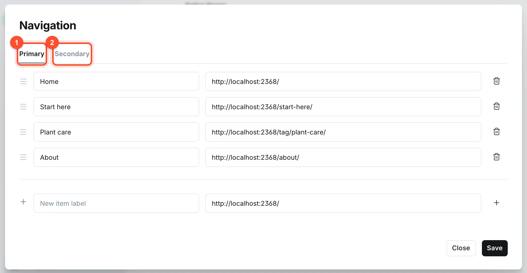 The Ghost navigation editor with a label and URL for each menu item, and Primary and Secondary tabs
