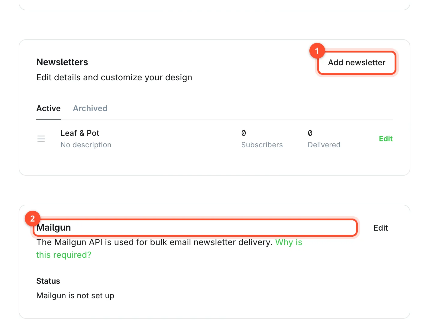 The Newsletters settings in Ghost with the Mailgun card showing that Mailgun is not set up