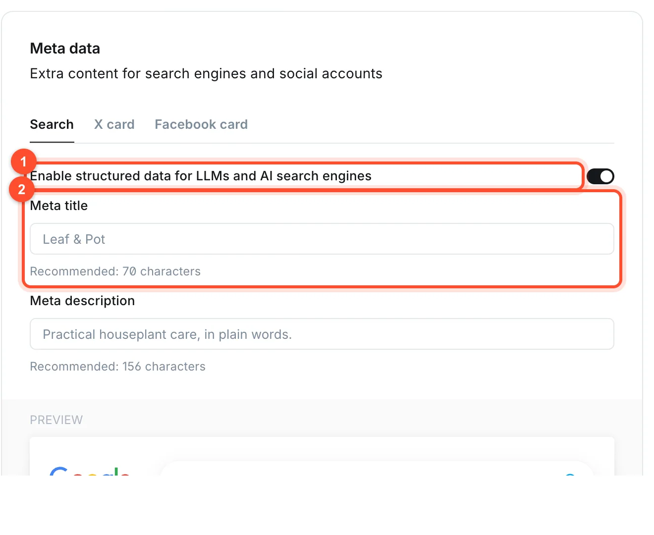 The Meta data settings in Ghost with a toggle for structured data and fields for the site meta title and description
