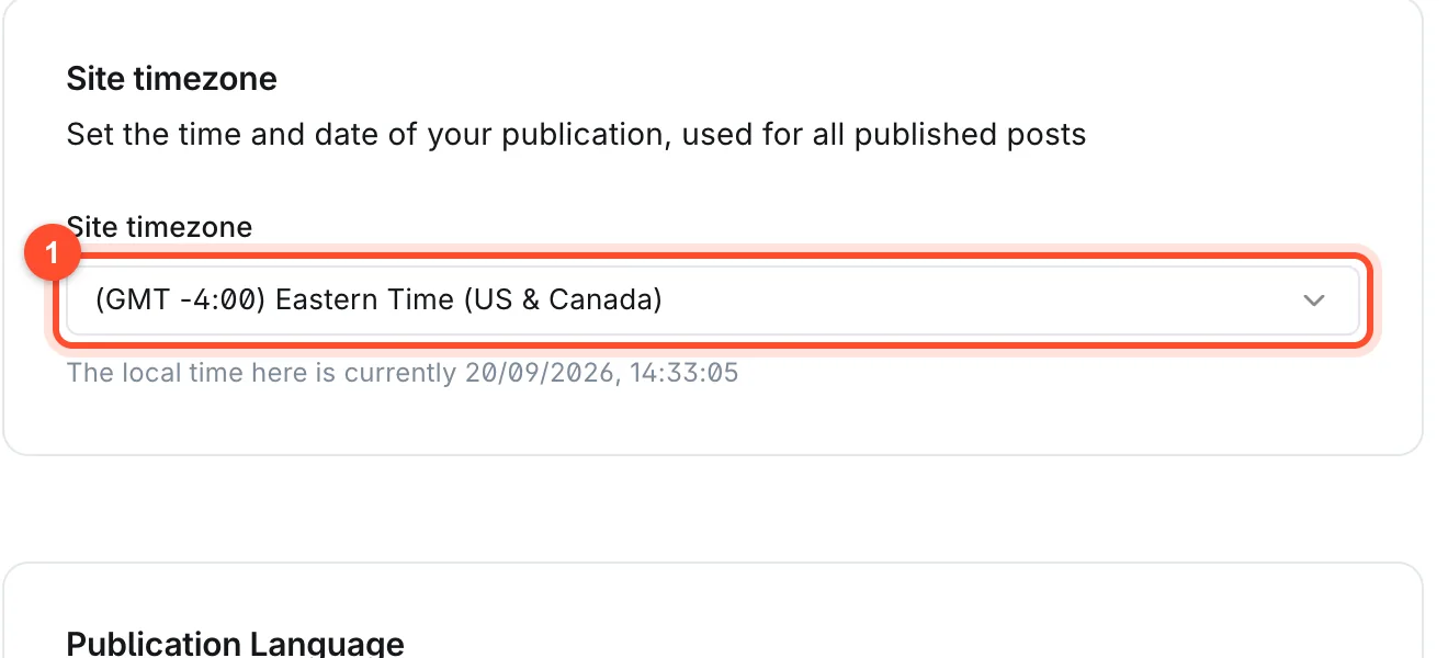 The Timezone setting in Ghost settings